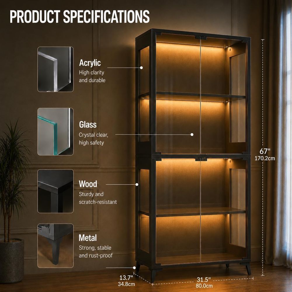 4-Tier Glass Display Cabinet w - Collectible Collection avis et prix